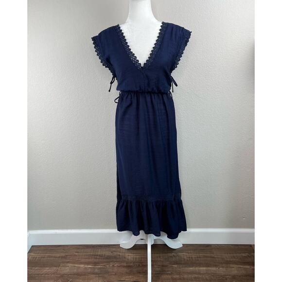 Lush Navy Blue Lace Trim Gauze V-Neck High-Low Sleeveless Midi Dress Large - Picture 14 of 14